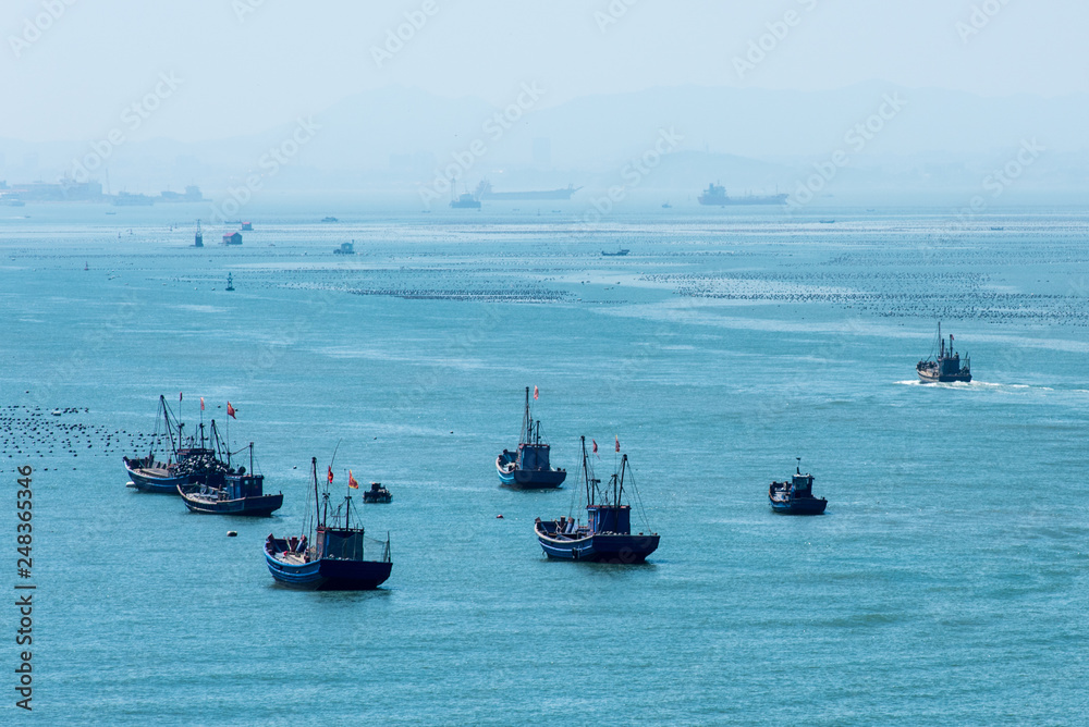 Chinese fishing boats seen from Beichangshandao Island, one of the Changdao Islands, Shandong, China