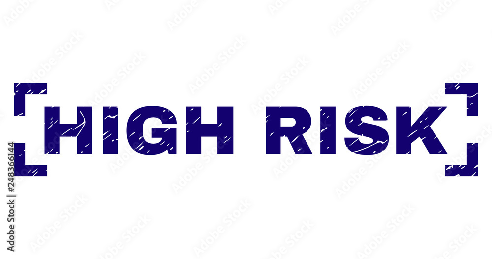 HIGH RISK text seal imprint with distress texture. Text title is placed between corners. Blue vector rubber print of HIGH RISK with grunge texture.