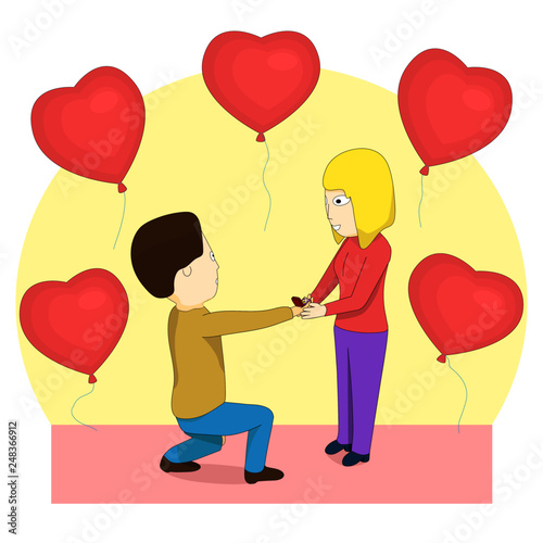 A man proposing to the girl standing on knee. Cartoon couple are going to get married. 
