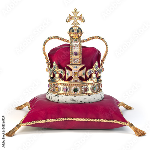 Obraz na plátně Golden crown on red velvet pillow for coronation