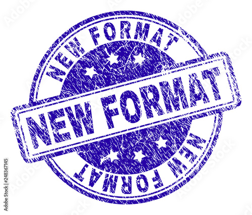 NEW FORMAT stamp seal imprint with grunge texture. Designed with rounded rectangles and circles. Blue vector rubber print of NEW FORMAT caption with retro texture.