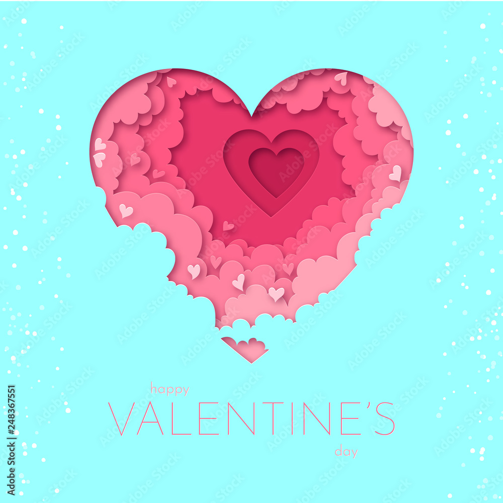 Paper heart with clouds illustration for Valentine s day. Vector illustration in paper cut style for cards, backgrounds, banners, posters, wallpapers, web and print designs for romantic occasions.