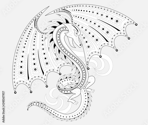 Black and white page for coloring book. Fantasy drawing of fairyland dragon. Pattern for print, embroidery, Henna, Mehndi, tattoo and decoration. Worksheet for children and adults. Vector image
