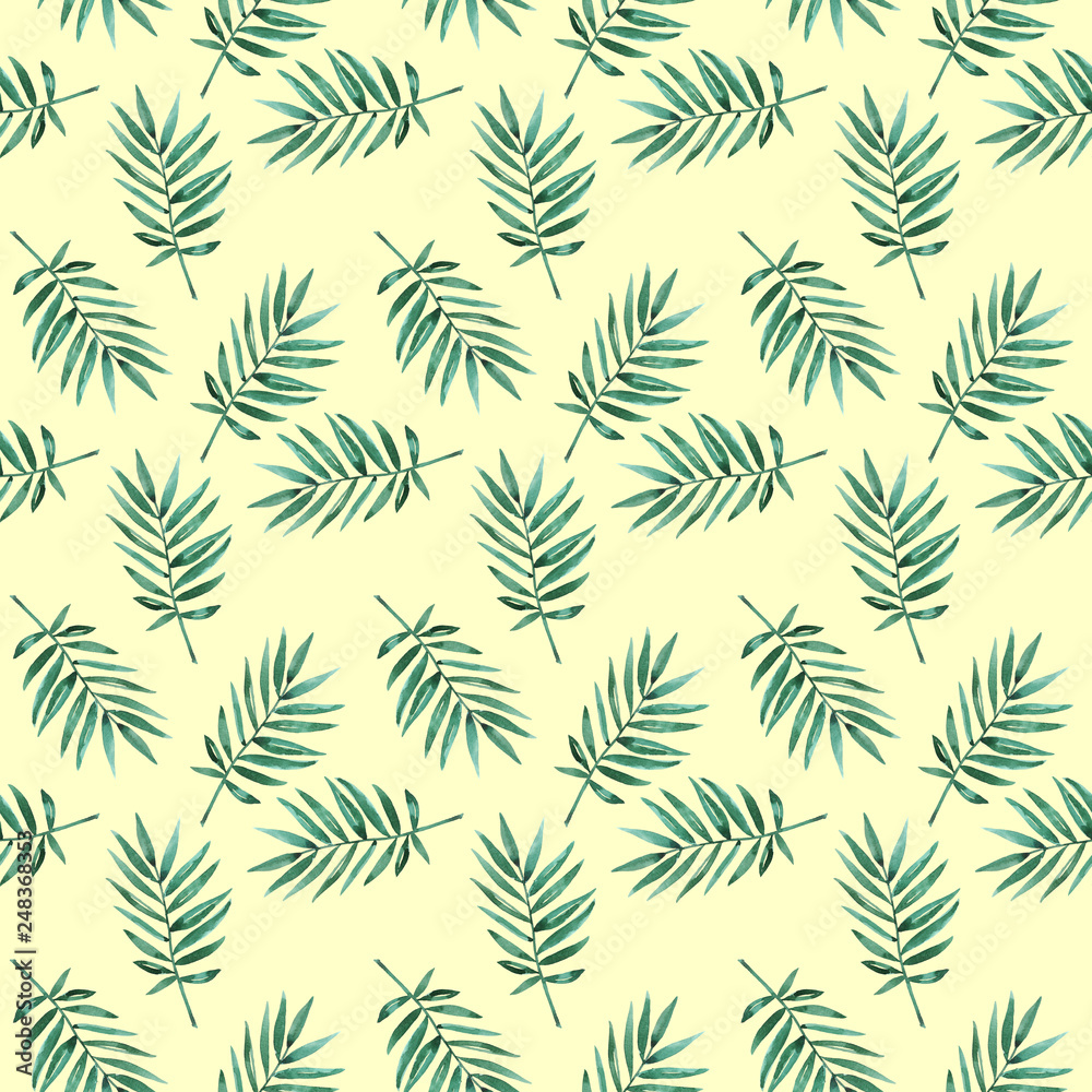 Fototapeta premium Watercolor hand painted exotic summer botany leaves illustration seamless pattern on yellow background