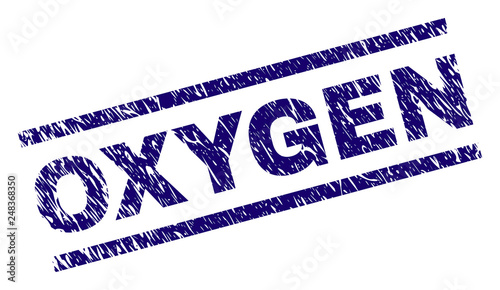 OXYGEN seal print with grunge style. Blue vector rubber print of OXYGEN text with unclean texture. Text caption is placed between parallel lines.