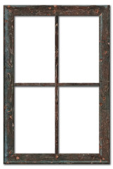 Very aged wooden window frame with cracked paint on it, mounted on a grunge wall