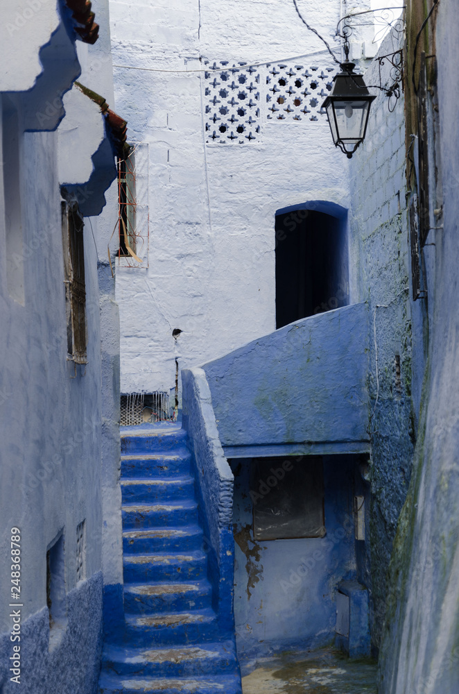 Amazing Morocco, blue city of Chefchaouen, narrow streets, blue walls