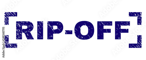 RIP-OFF tag seal print with distress style. Text tag is placed inside corners. Blue vector rubber print of RIP-OFF with retro texture.