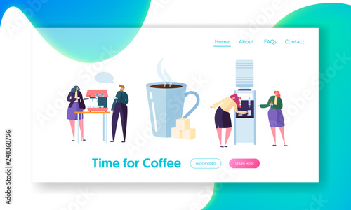 Office Coffee Break Time Landing Page Banner. Business People Character have Lunch. Employees Talking, Resting and Drinking Hot Tea Website or Web Page. Flat Cartoon Vector Illustration