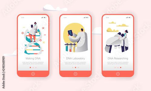 Genome DNA Experimental Lab Character Mobile App Page Onboard Screen Set. Future Healthcare Technology. Binary Pair Medical Science Service Website or Web Page. Flat Cartoon Vector Illustration