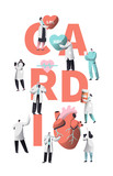 Medical Cardiology Worker Wellness Heart Health Typography Banner. Team Character for Poster Background. Pill for Treatment. Emergency Help First Aid or Healthcare Concept Cartoon Vector Illustration