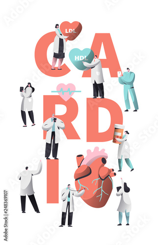 Medical Cardiology Worker Wellness Heart Health Typography Banner. Team Character for Poster Background. Pill for Treatment. Emergency Help First Aid or Healthcare Concept Cartoon Vector Illustration