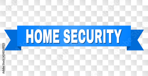 HOME SECURITY text on a ribbon. Designed with white caption and blue stripe. Vector banner with HOME SECURITY tag on a transparent background.