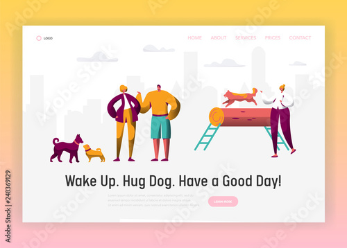 Dog and Man Spend Time Together Landing Page. Owner Training Command Different Funny Dog. Happy Man Play with Pet. Animal and People Friendship Website or Web Page. Flat Cartoon Vector Illustration
