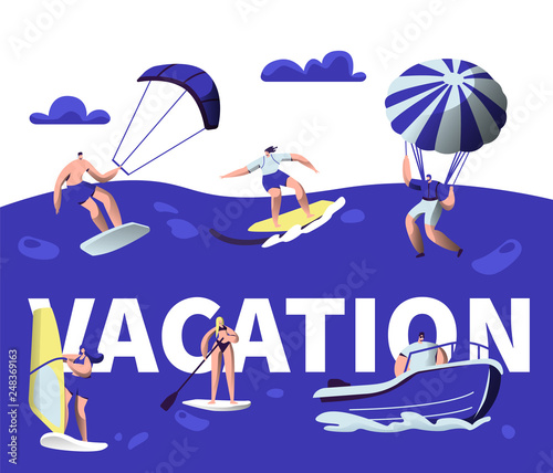 Summer Vacation Water Sport Activity Typography Banner. Tropical Ocean Beach Wind Equipment. Creative Kayaking Ride Motivation Poster. Sea Holiday Leisure Trip Flat Cartoon Vector Illustration