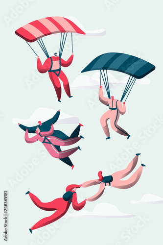 Group of Skydivers Fly Between Clouds. Happy People Planes with Parachutes. Extreme Sport and Skydiving Concept Set. Man and Woman Character in Sky. Flat Cartoon Vector Illustration