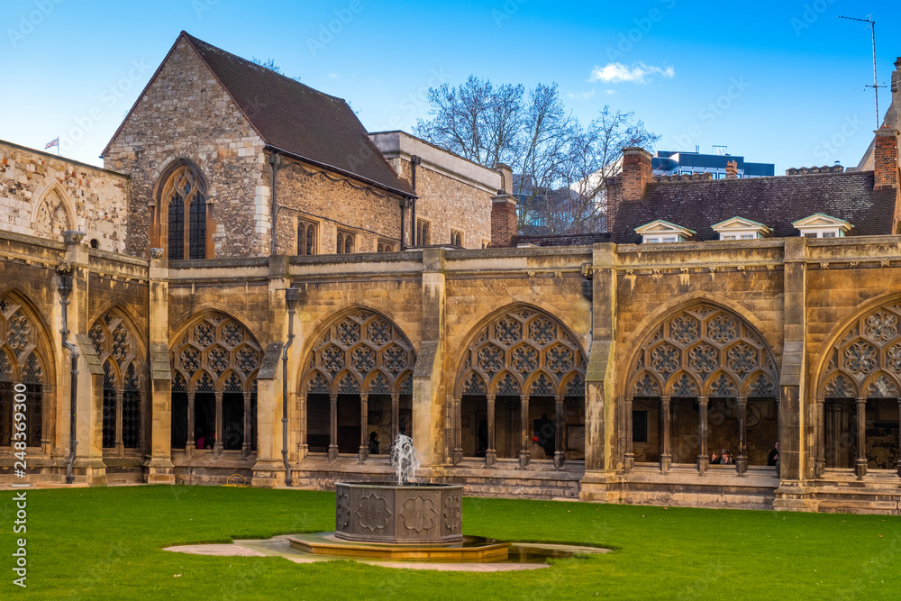 London, United Kingdom - Cloisters and inner courtyard of the royal Westminster Abbey, formally Collegiate Church of St. Peter at Westminster at the Dean’s Yard in Central London