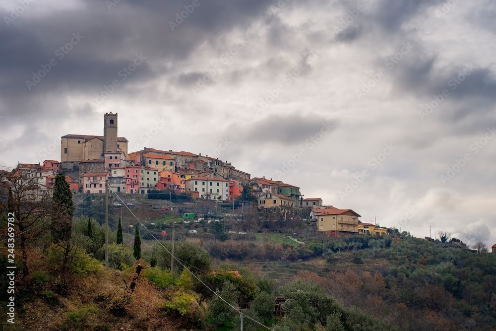 Ponzano Superiore, a typical hilltop village in Liguria, Santo Stefano di Magra comune. Lunigiana, province of La Spezia, Italy.