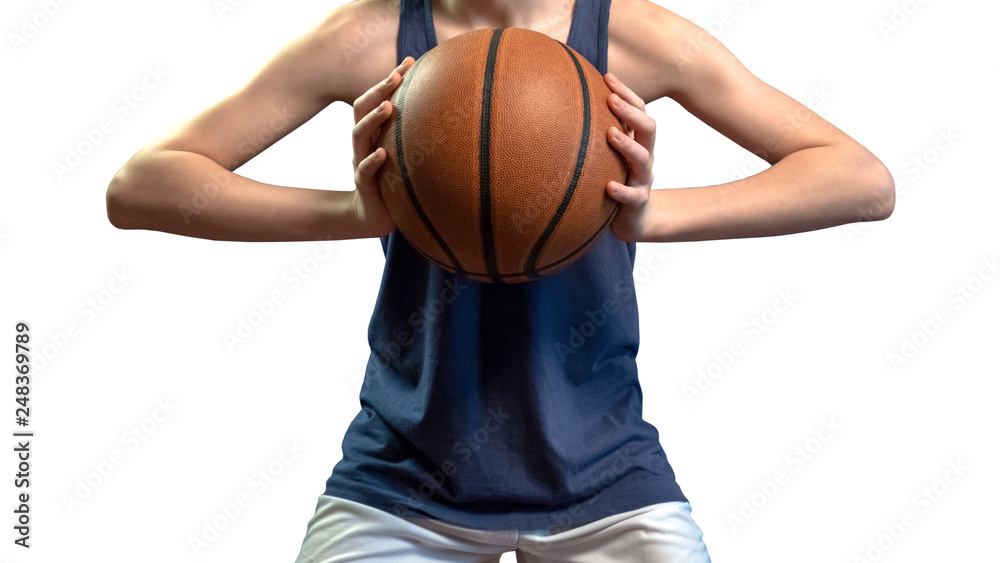 Basketball. A teenager in a blue sleeveless T-shirt holds the ball with both hands at chest level. Close-up. Isolate on white background. Basketball. A teenager in a blue sleeveless T-shirt holds the ball with both hands at chest level. Close-up. Isolate on white background.