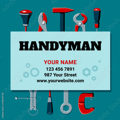 Vector illustration of the contents of a builder toolbox. Household tools arranged in a design composition. Tools of a handyman for business card, master class flyer, banner, web and print designs.