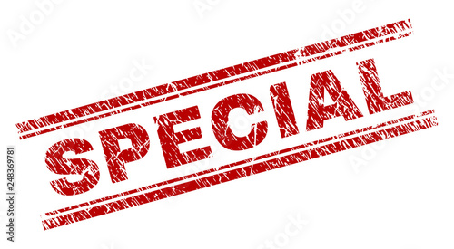 SPECIAL seal print with corroded style. Red vector rubber print of SPECIAL text with corroded texture. Text title is placed between double parallel lines.