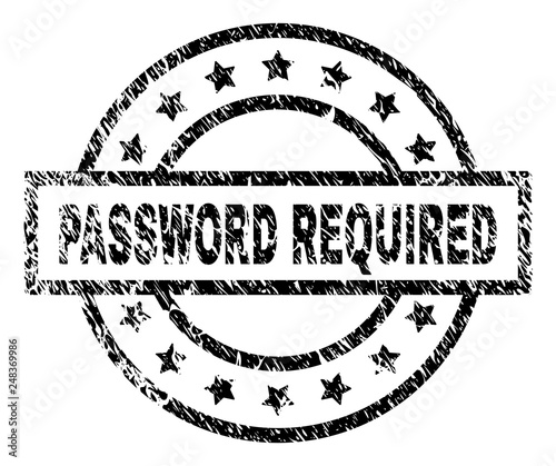 PASSWORD REQUIRED stamp seal watermark with distress style. Designed with rectangle, circles and stars. Black vector rubber print of PASSWORD REQUIRED title with unclean texture.