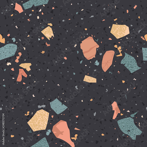Terrazzo Seamless Pattern. Flooring Abstract Background Marble Texture Composed of Granite, Stone, Quartz Fragments and Concrete. Vector illustration