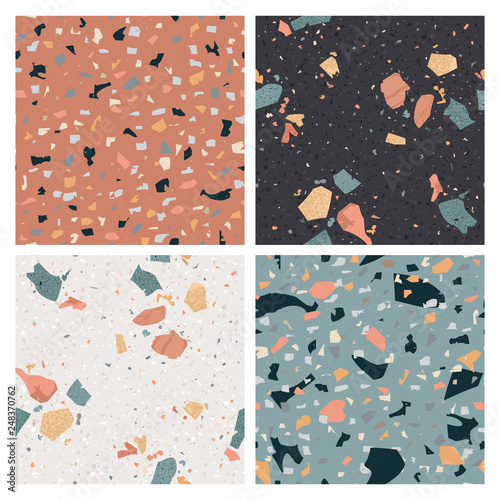 Terrazzo Seamless Pattern Set. Flooring Abstract Background Marble Texture Composed of Granite, Stone, Quartz Fragments and Concrete. Vector illustration