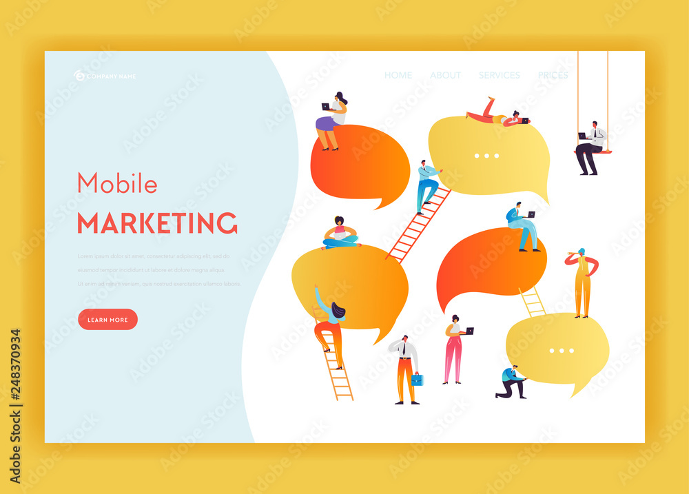 Social Media Networking Communication Concept Landing Page Template. People Characters using Gadgets Mobile Marketing for Website Banner. Vector illustration