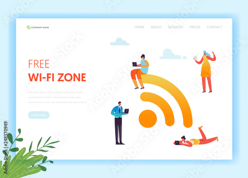 Wi-fi Social Media Networking Concept Landing Page Template. Public Wifi Hotspot with Characters Using Mobile Gadgets with Wireless Technologies. Vector illustration