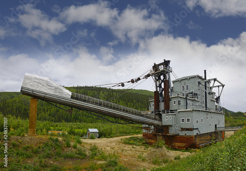 Dredge No 4 is a National Historic Site on Bonanza Creek Road, the largest wooden hull dredge in the world,  Yukon Territory, Canada. Klondike gold rush