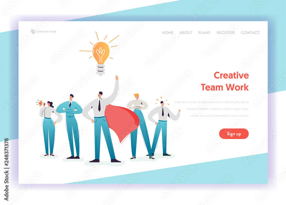 Business Team Work Concept Landing Page Template. Teamwork Brainstorming Leadership Characters with Light Bulb for Website Banner. Vector illustration
