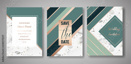 Terrazzo Wedding Invitation Card Set. Luxury Geometric Abstract Design Template for Greetings, Banner, Poster with Marble Texture. Save the Date, RSVP. Vector illustration
