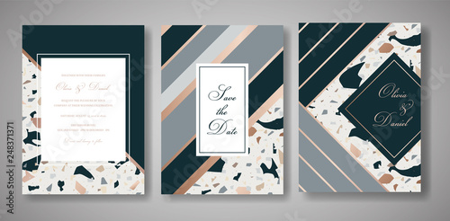 Terrazzo Wedding Invitation Card Set. Luxury Geometric Abstract Design Template for Greetings, Banner, Poster with Marble Texture. Save the Date, RSVP. Vector illustration