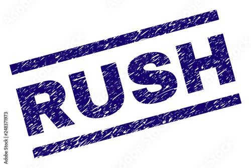 RUSH seal print with scratced style. Blue vector rubber print of RUSH tag with retro texture. Text tag is placed between parallel lines.