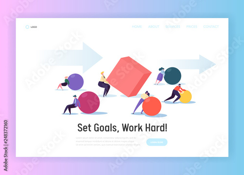 Business Competition Concept Landing Page. Corporate People Character Move Geometric Shapes for Teamwork Challenge. Team Work Hard Progress Website or Web Page. Flat Cartoon Vector Illustration