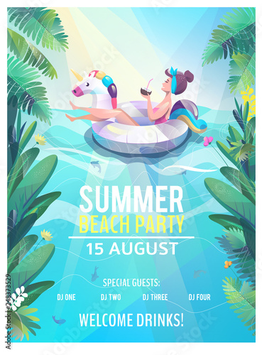 Concept in flat style with woman floating with circle. Vacation and relaxion. Sunbathing. Vector illustration.