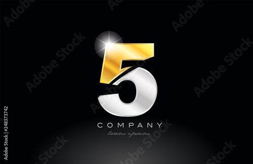 number 5 gold silver grey metal on black background logo