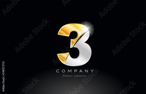 number 3 gold silver grey metal on black background logo