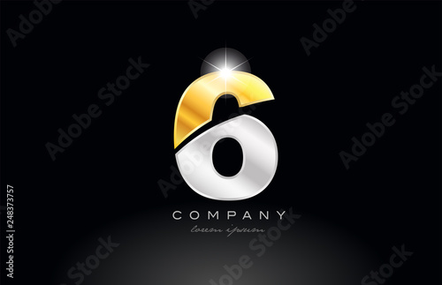 number 6 gold silver grey metal on black background logo