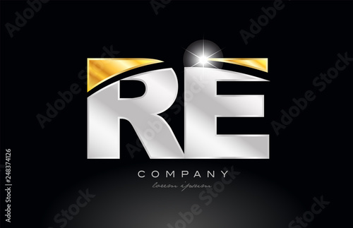 combination letter re r e alphabet with gold silver grey metal logo