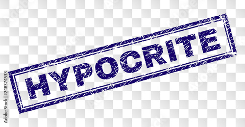 HYPOCRITE stamp seal watermark with dirty style and double framed rectangle shape. Stamp is placed on a transparent background. Blue vector rubber print of HYPOCRITE tag with dirty texture.