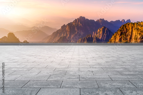 Empty Plaza Floor Bricks and Beautiful Natural Landscape