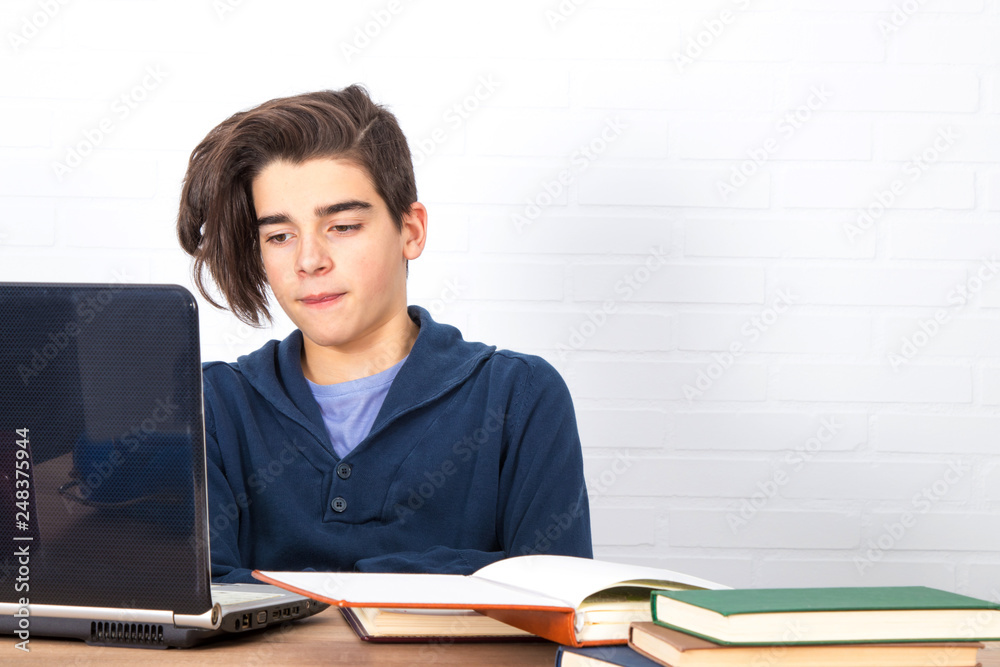 young man with computer and books on the desk studying young man with computer and books on the desk studying