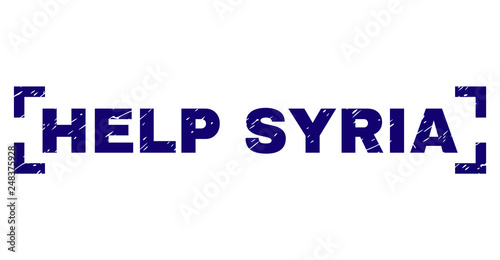 HELP SYRIA label seal print with distress texture. Text label is placed inside corners. Blue vector rubber print of HELP SYRIA with retro texture.