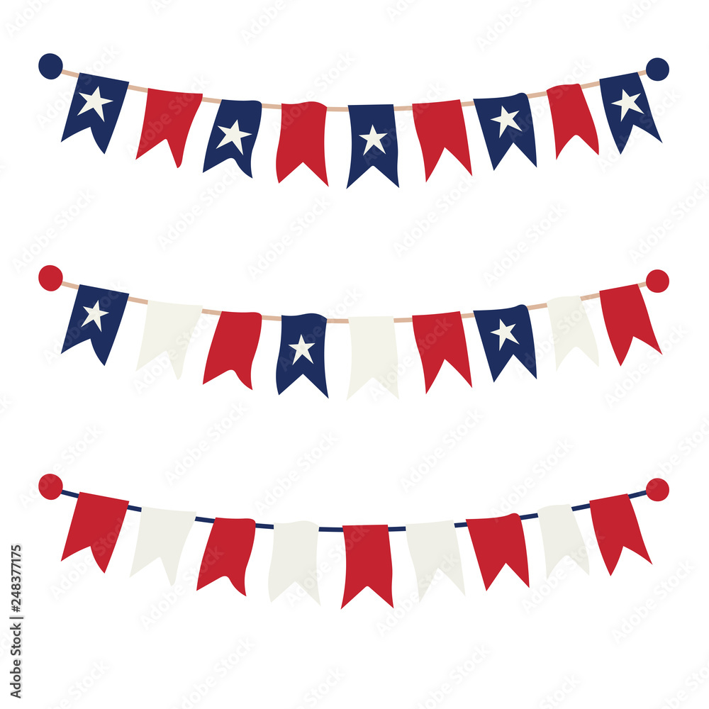 Obraz premium Multicolored bright buntings garlands isolated on white background. Vector illustration.
