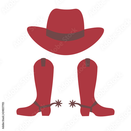 Cowboy hat and cowboy boots with spurs isolated on white background