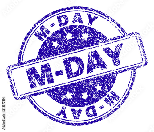 M-DAY stamp seal imprint with distress texture. Designed with rounded rectangles and circles. Blue vector rubber print of M-DAY caption with scratched texture.