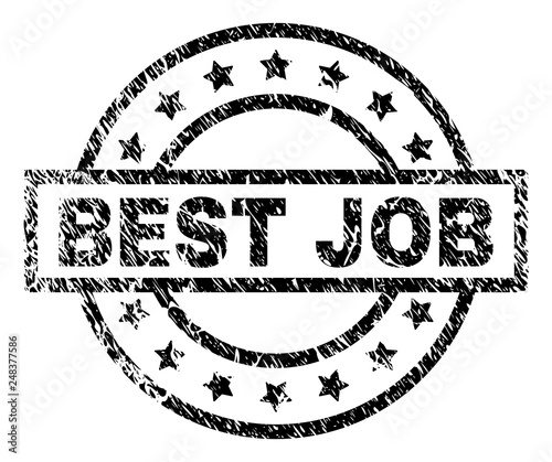 BEST JOB stamp seal watermark with distress style. Designed with rectangle, circles and stars. Black vector rubber print of BEST JOB caption with unclean texture.
