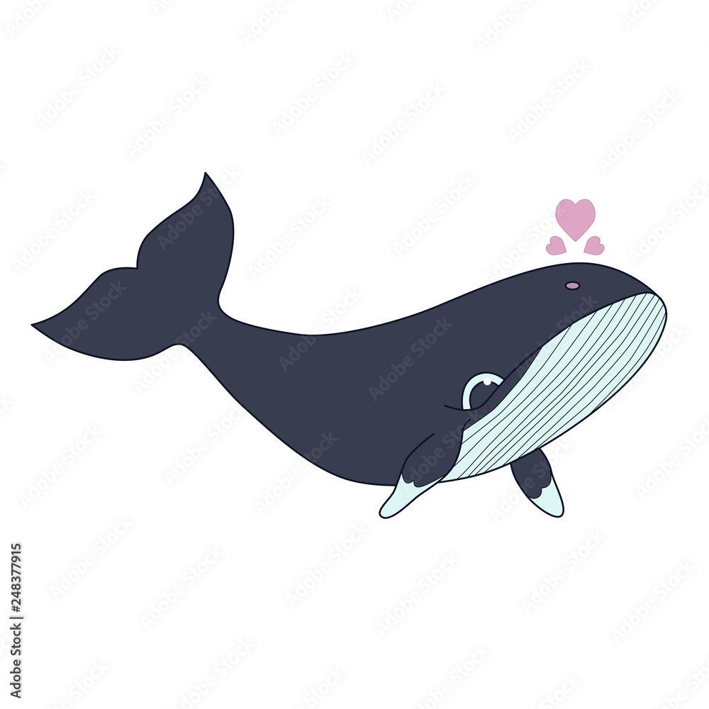 Vector illustration of Blue whale with hearts splashes isolated on white background Vector illustration of Blue whale with hearts splashes isolated on white background